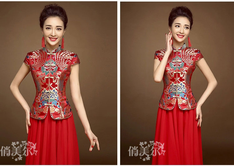 Red colorful brocade blouse and pure red skirt