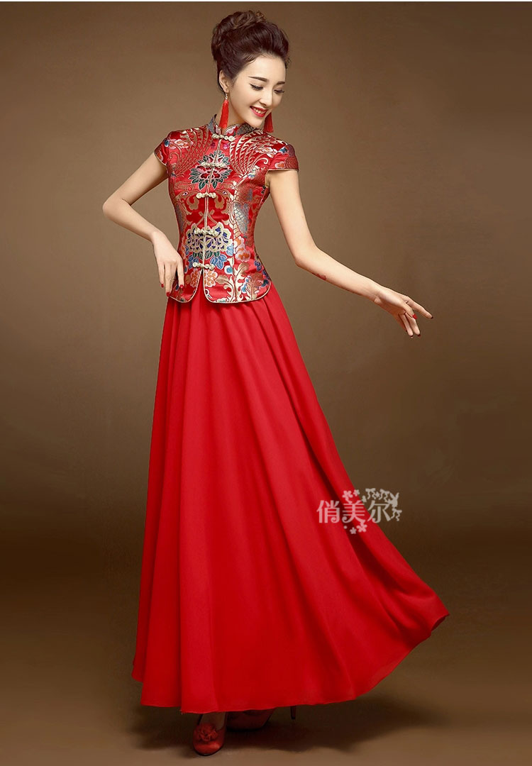 Red colorful brocade blouse and pure red skirt