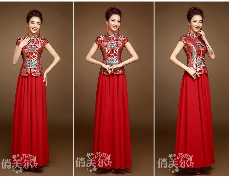 Red colorful brocade blouse and pure red skirt