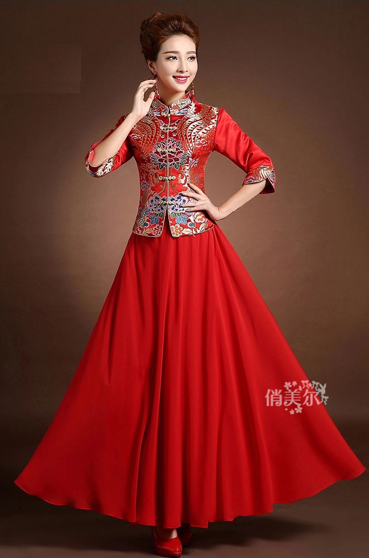 Red colorful brocade blouse and pure red skirt