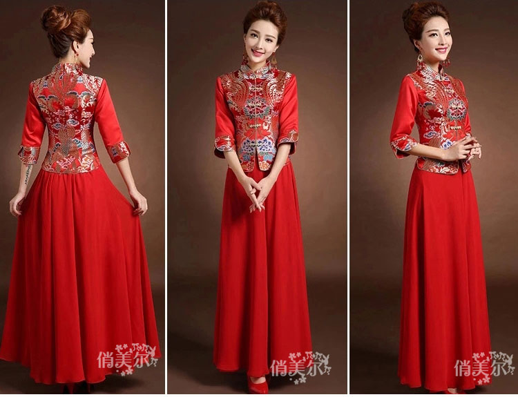 Red colorful brocade blouse and pure red skirt