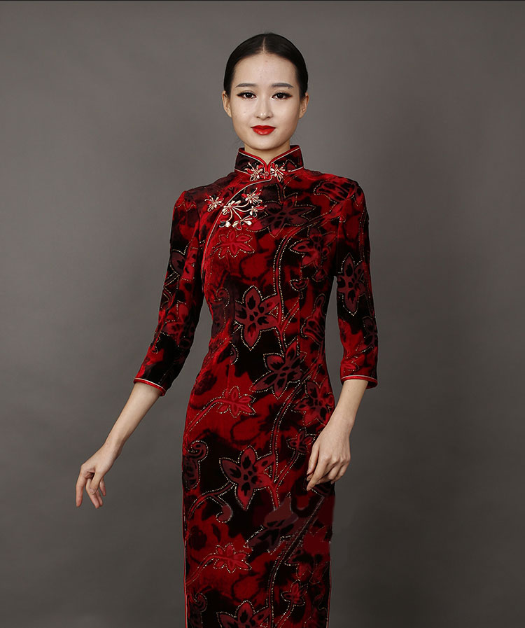 Dark red velvet long cheongsam dress