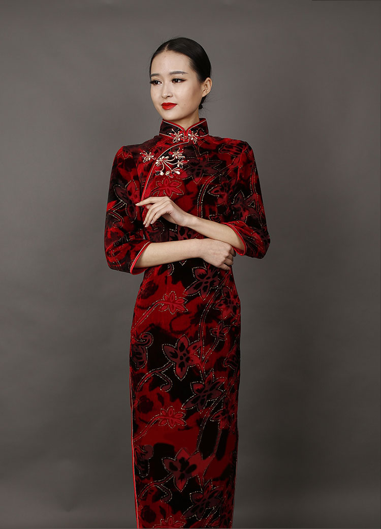 Dark red velvet long cheongsam dress