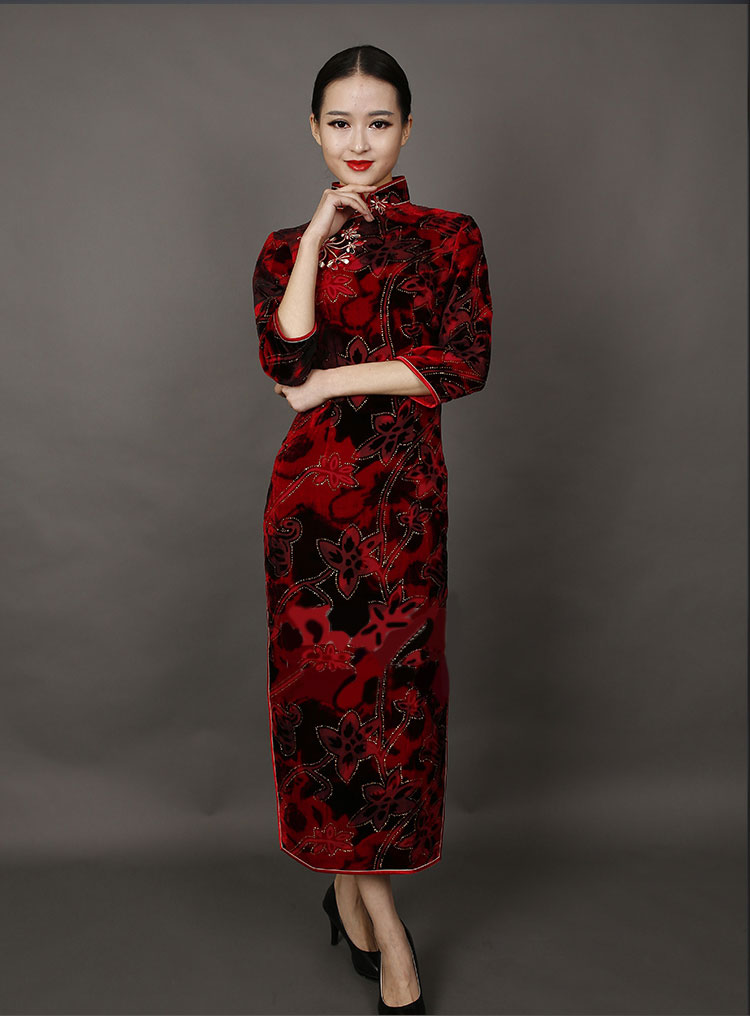 Dark red velvet long cheongsam dress