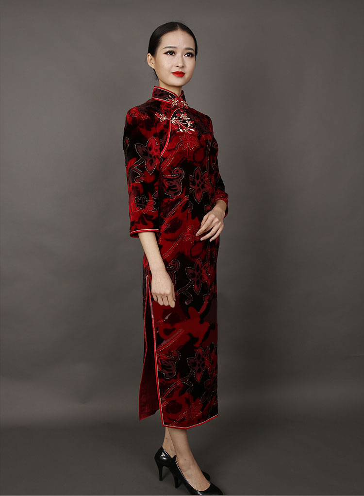 Dark red velvet long cheongsam dress