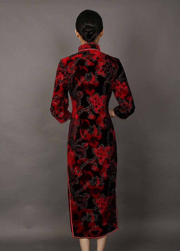 Dark red velvet long cheongsam dress