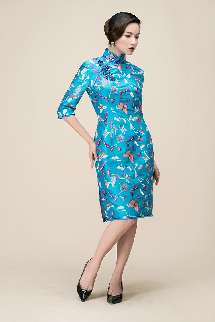 Lake blue embroider tai silk cheongsam Lake blue embroider tai silk cheongsam
