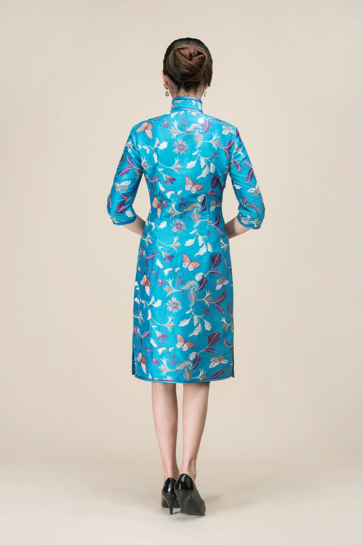 Lake blue embroider tai silk cheongsam