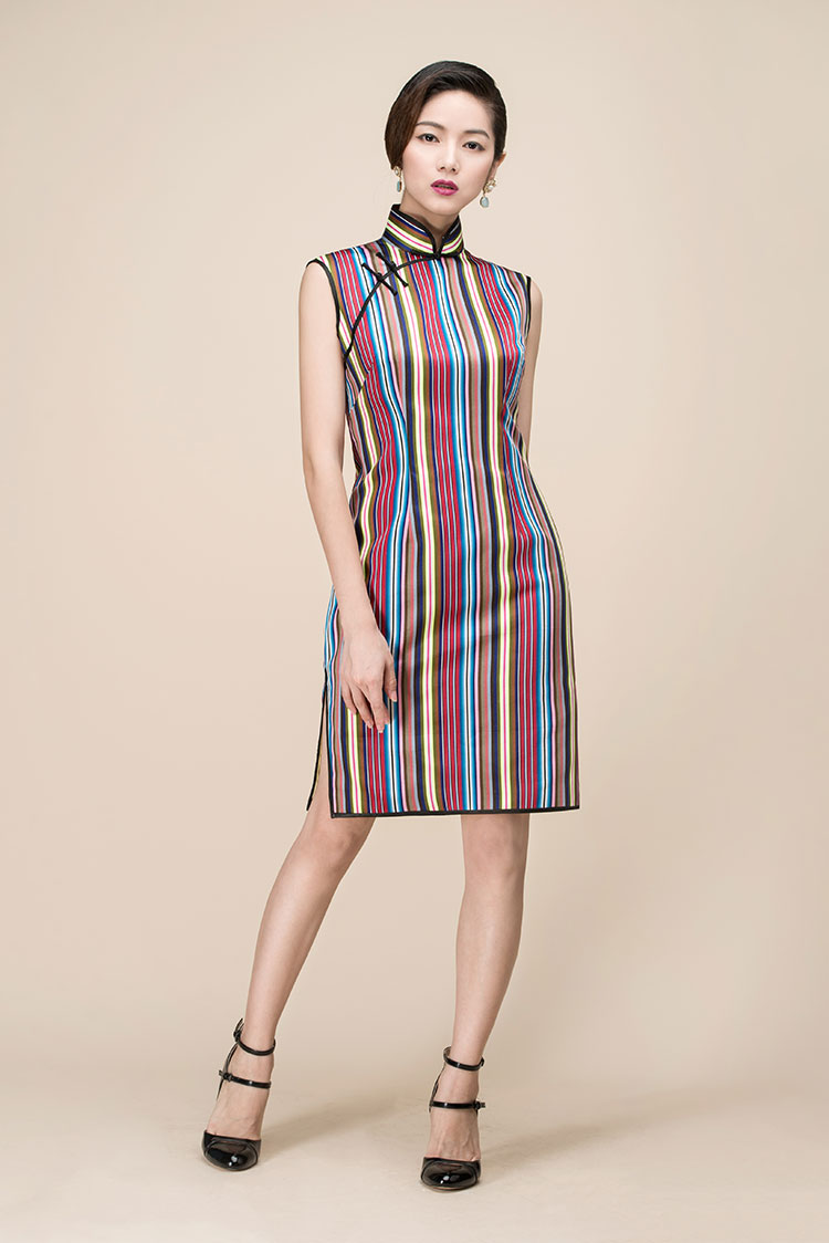 Colorful stripes short qipao dress