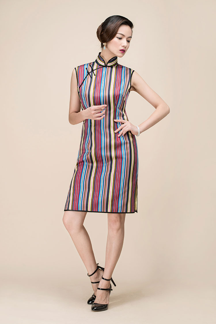 Colorful stripes short qipao dress
