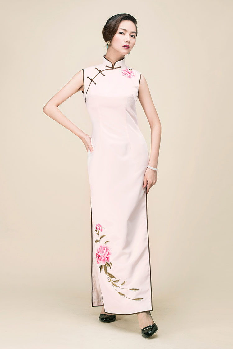 Pink silk with embroidery long qipao dress