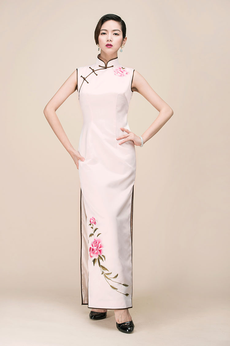 Pink silk with embroidery long qipao dress