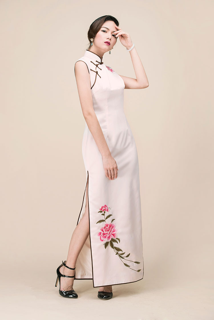 Pink silk with embroidery long qipao dress