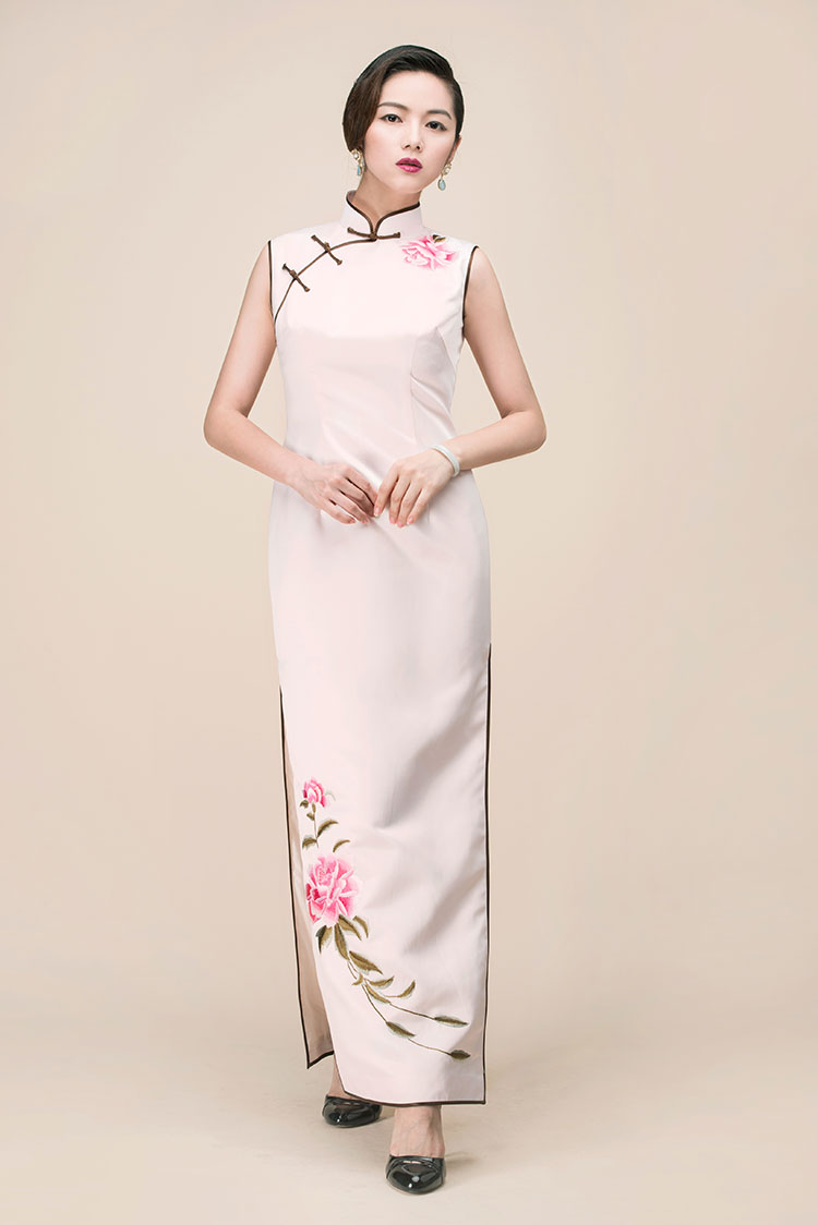 Pink silk with embroidery long qipao dress
