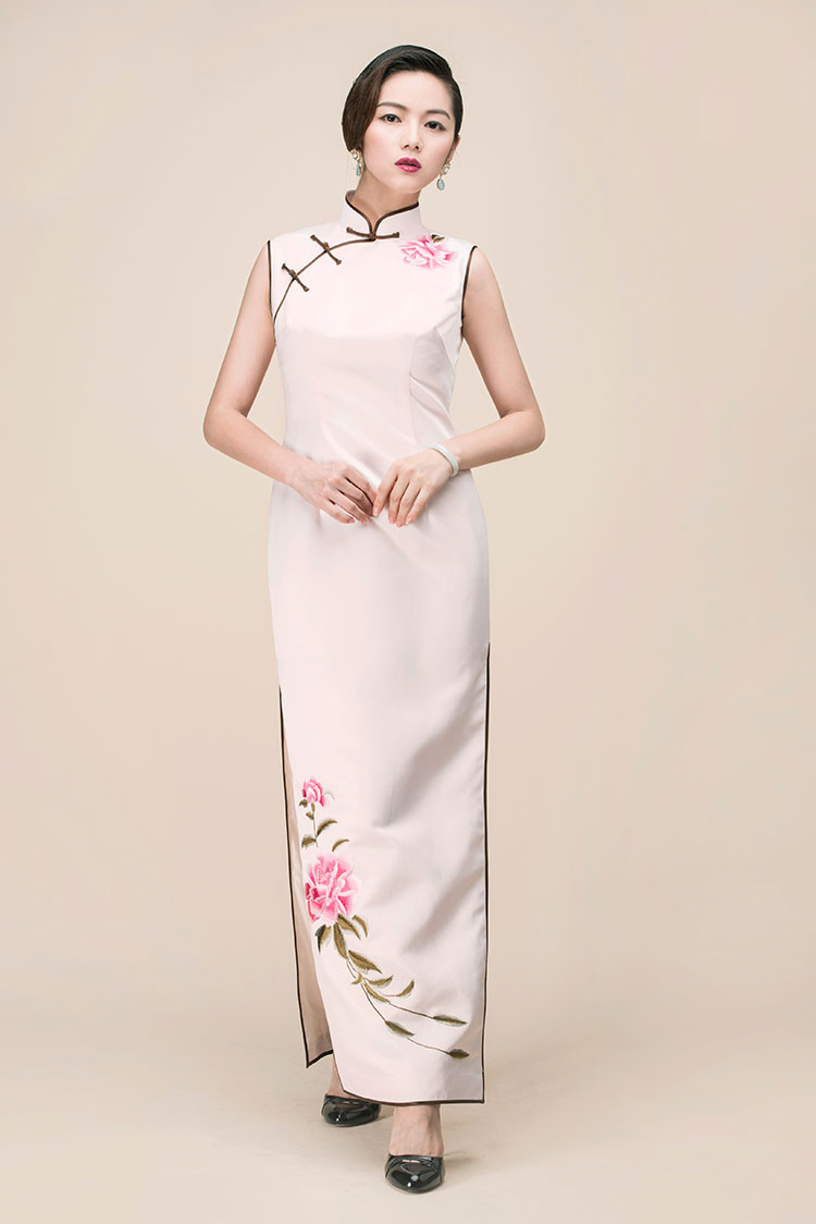 Pink silk with embroidery long qipao dress Pink silk with embroidery long qipao dress