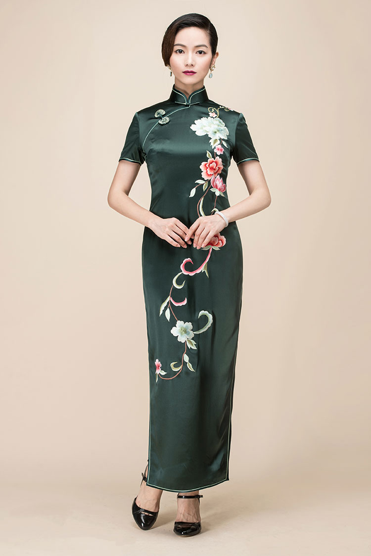 Dark green slik embroidery long cheongsam