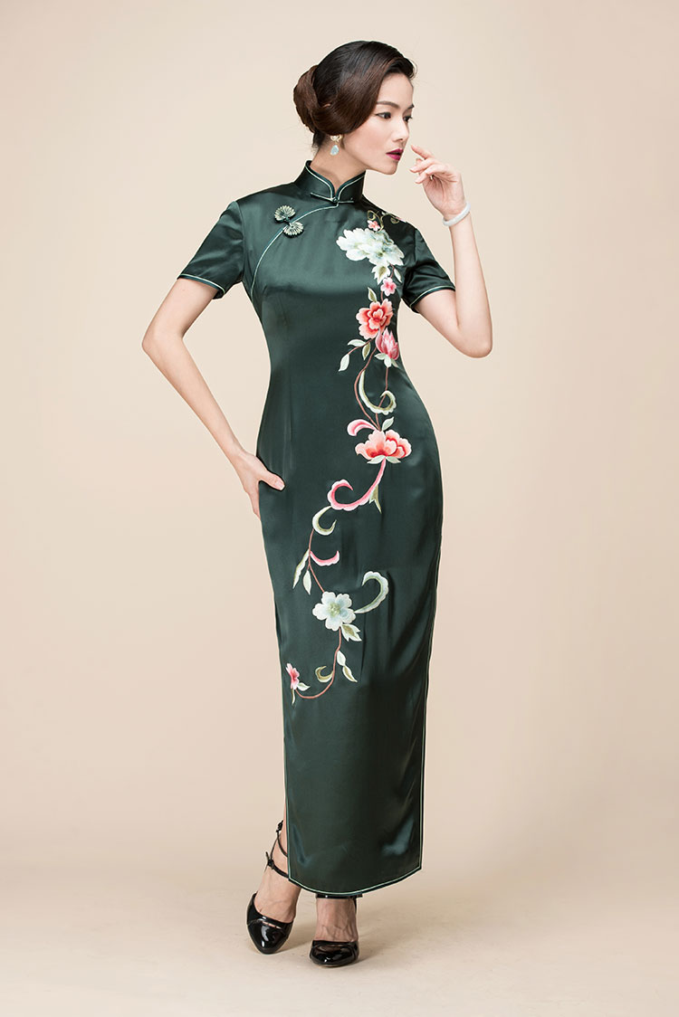 Dark green slik embroidery long cheongsam