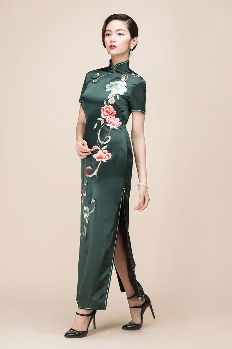 Dark green slik embroidery long cheongsam