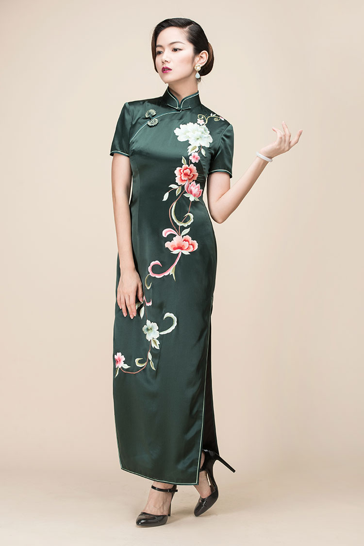 Dark green slik embroidery long cheongsam