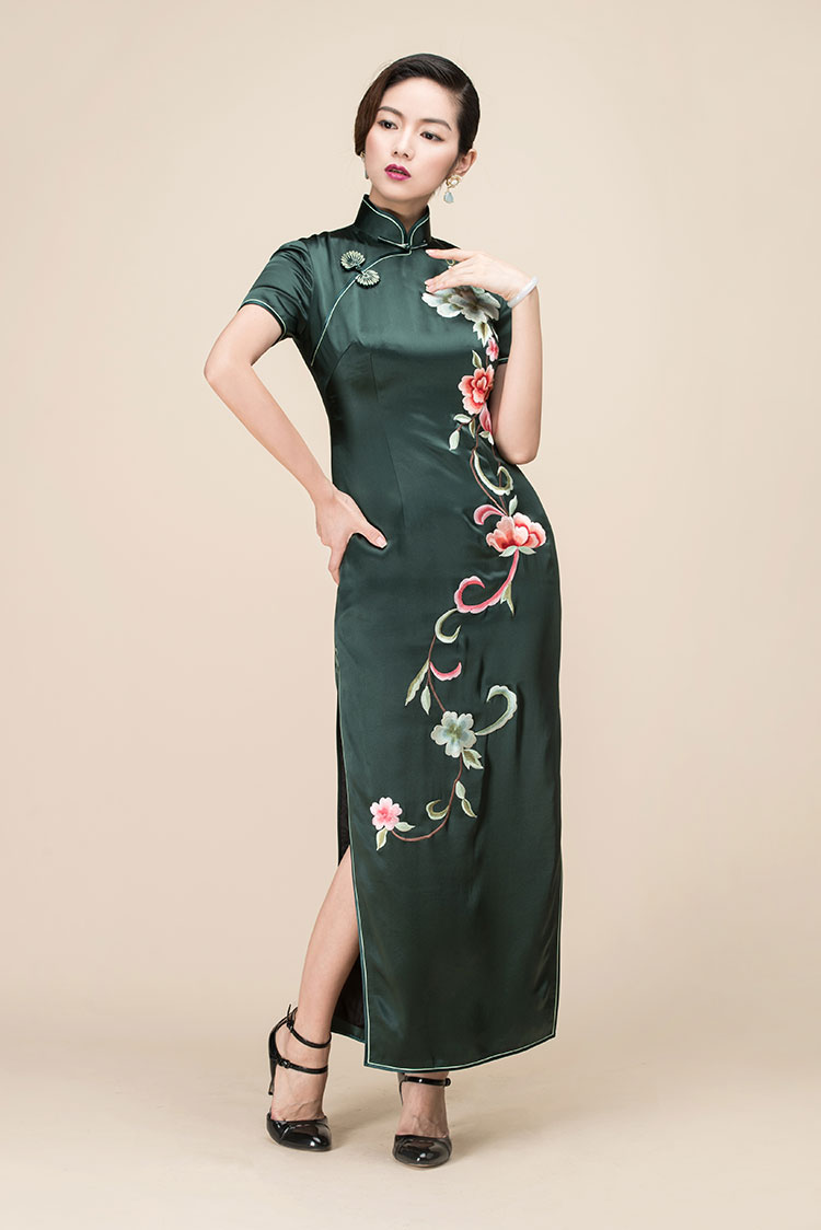 Dark green slik embroidery long cheongsam