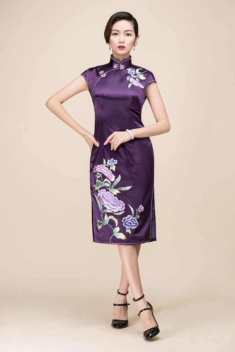 Purple silk with peony embroidery qipao dress