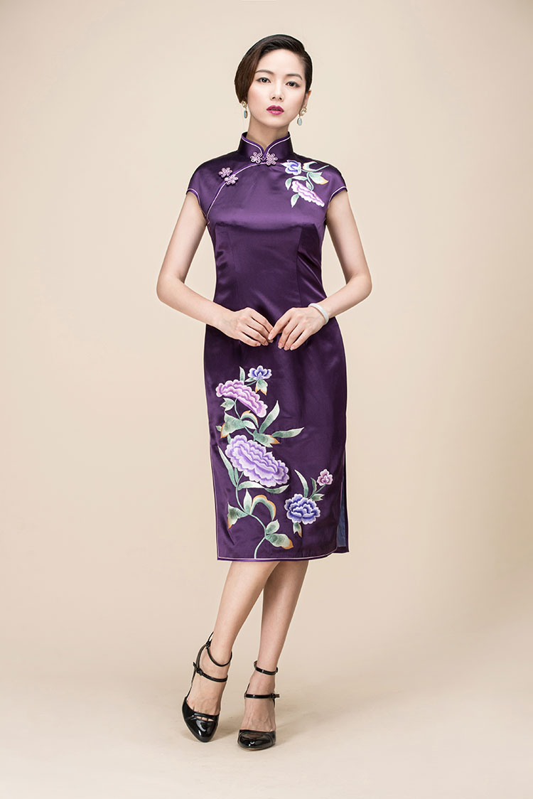 Purple silk with peony embroidery qipao dress