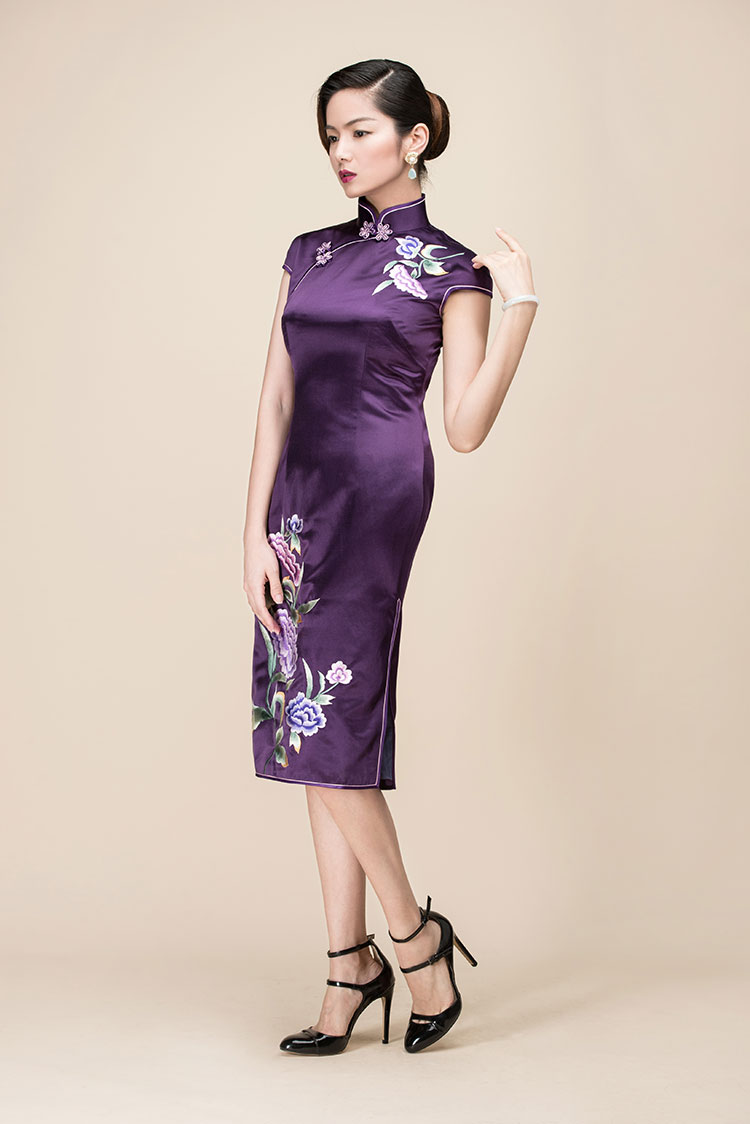 Purple silk with peony embroidery qipao dress
