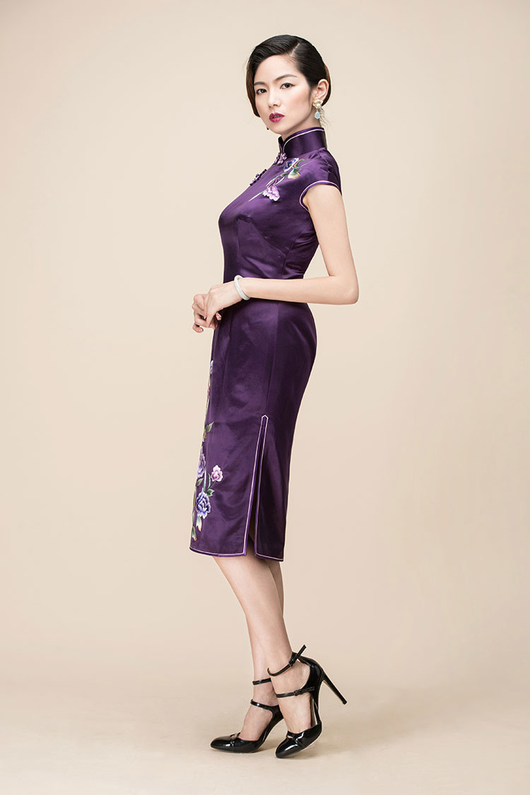 Purple silk with peony embroidery qipao dress