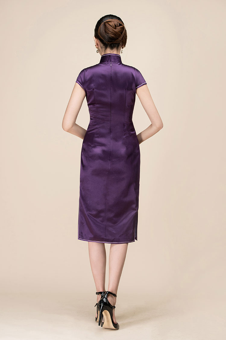 Purple silk with peony embroidery qipao dress