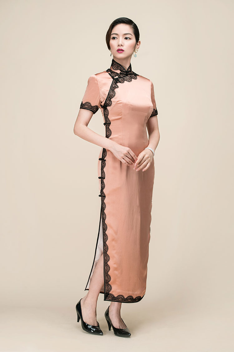 Silk satin with lace piping long qipao dress