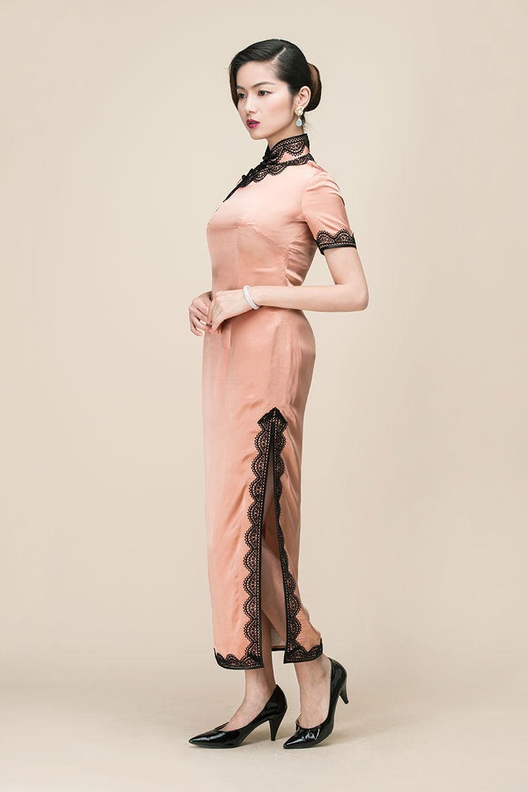 Silk satin with lace piping long qipao dress