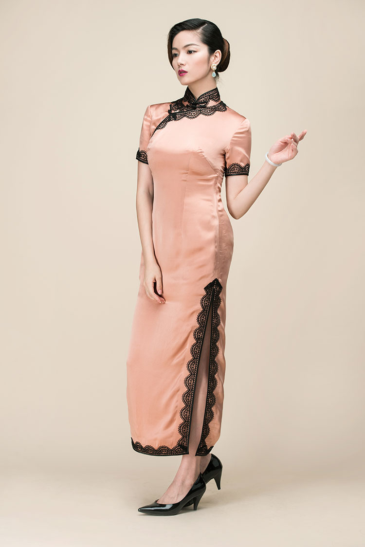 Silk satin with lace piping long qipao dress Silk satin with lace piping long qipao dress