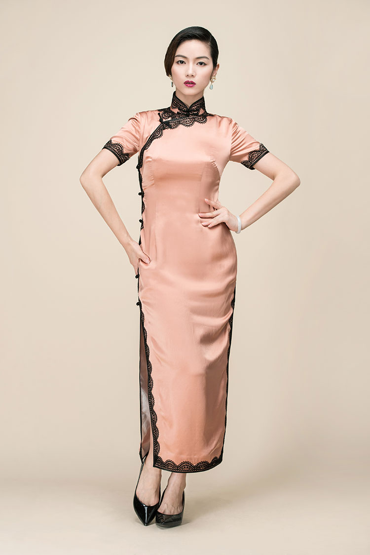 Silk satin with lace piping long qipao dress Silk satin with lace piping long qipao dress