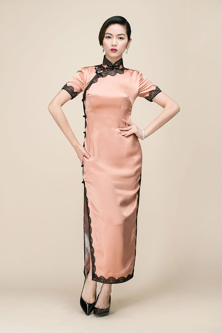 Silk satin with lace piping long qipao dress