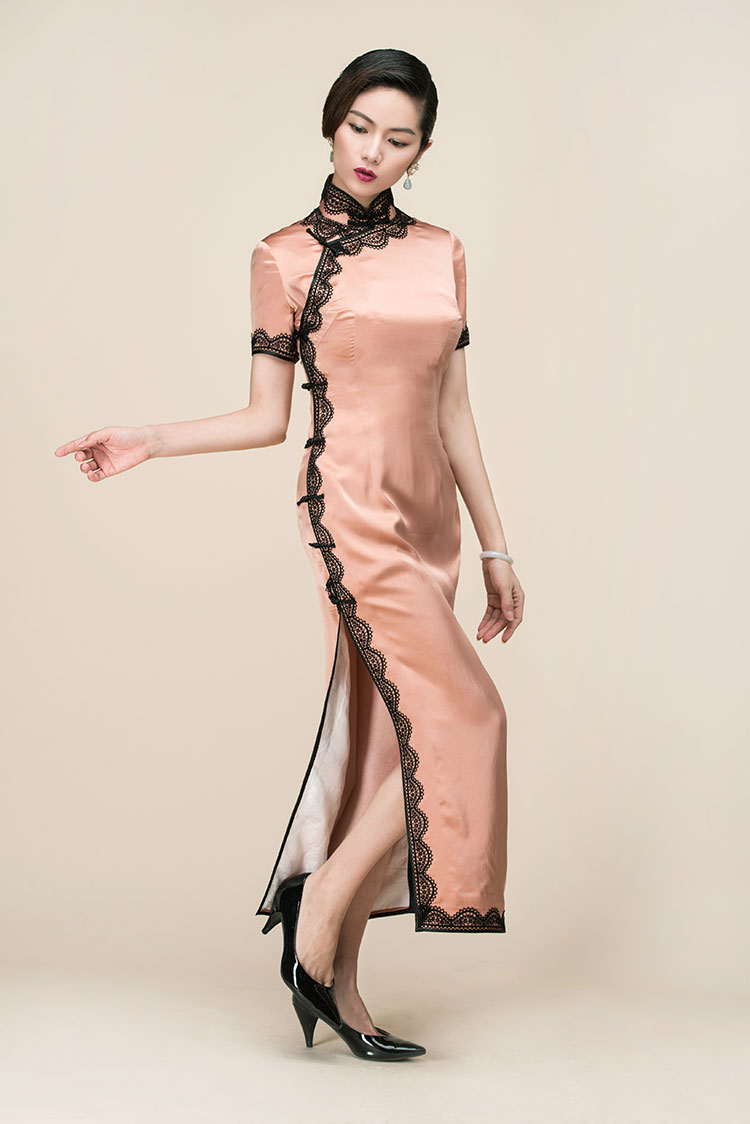 Silk satin with lace piping long qipao dress