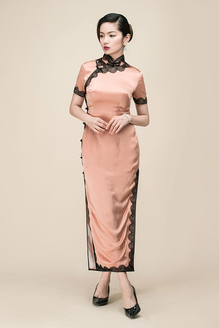 Silk satin with lace piping long qipao dress