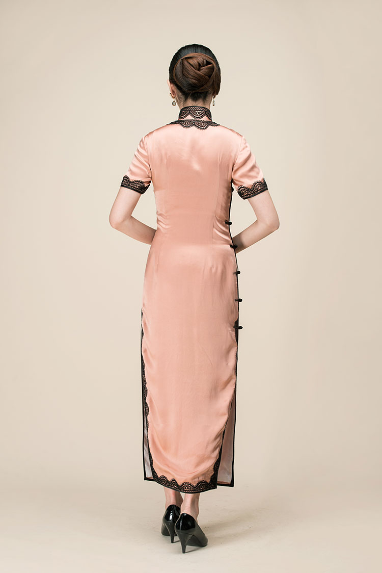 Silk satin with lace piping long qipao dress Silk satin with lace piping long qipao dress