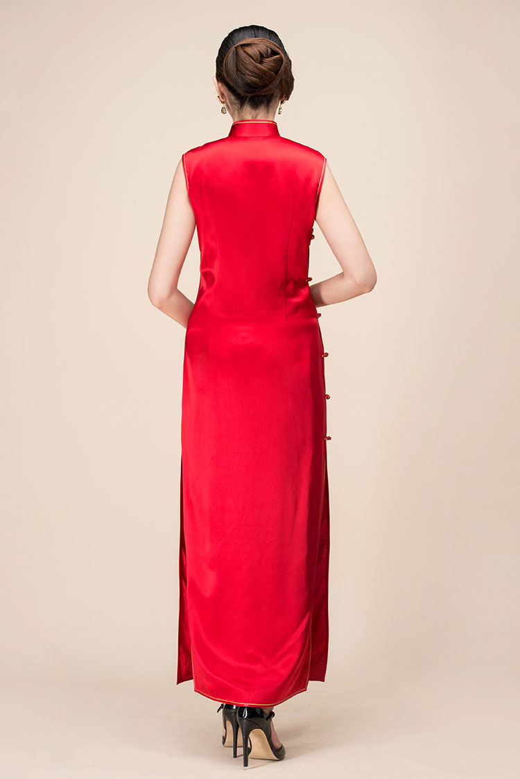 Red lotus embroidery cheongsam long dress