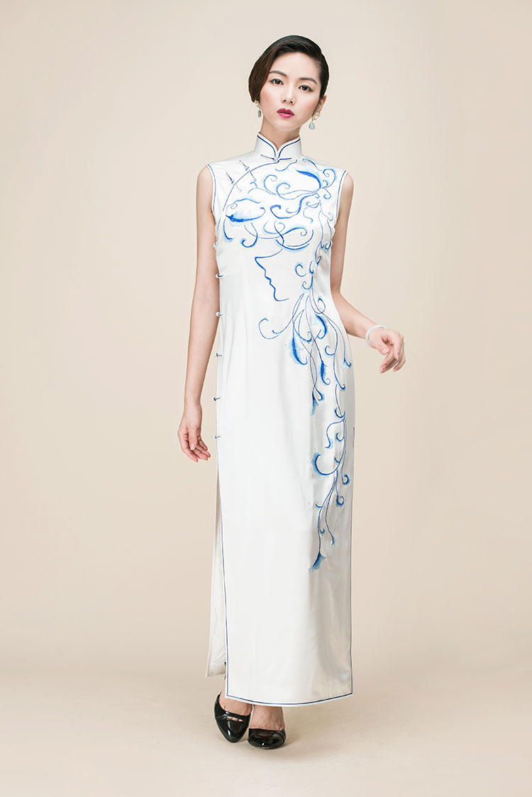 White silk with embroidery long cheongsam dress