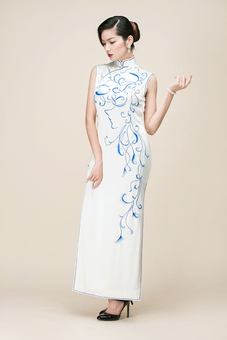 White silk with embroidery long cheongsam dress