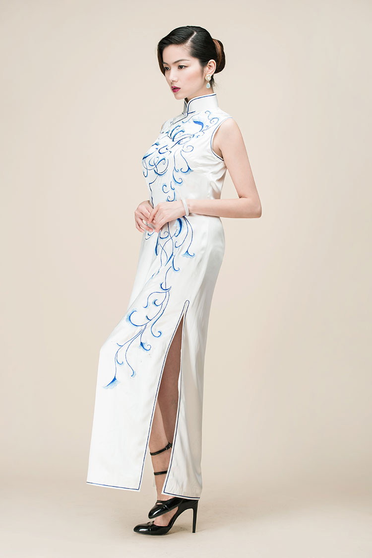 White silk with embroidery long cheongsam dress