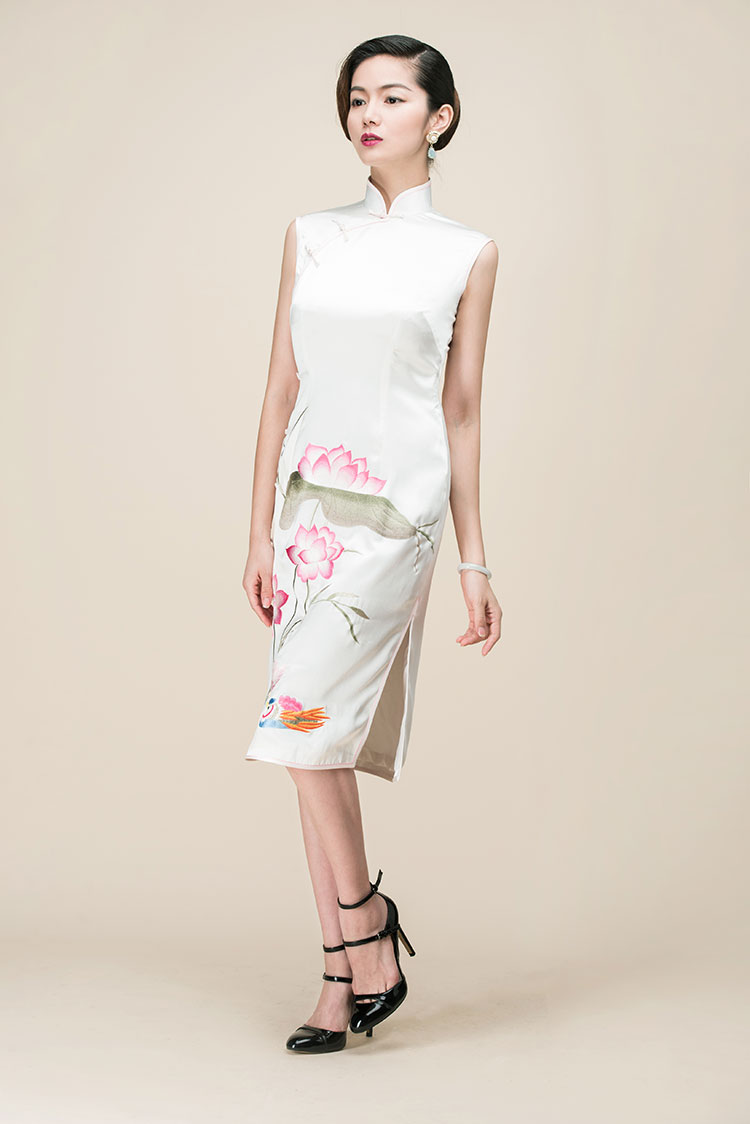 White silk with lotus embroidery qipao dress 
