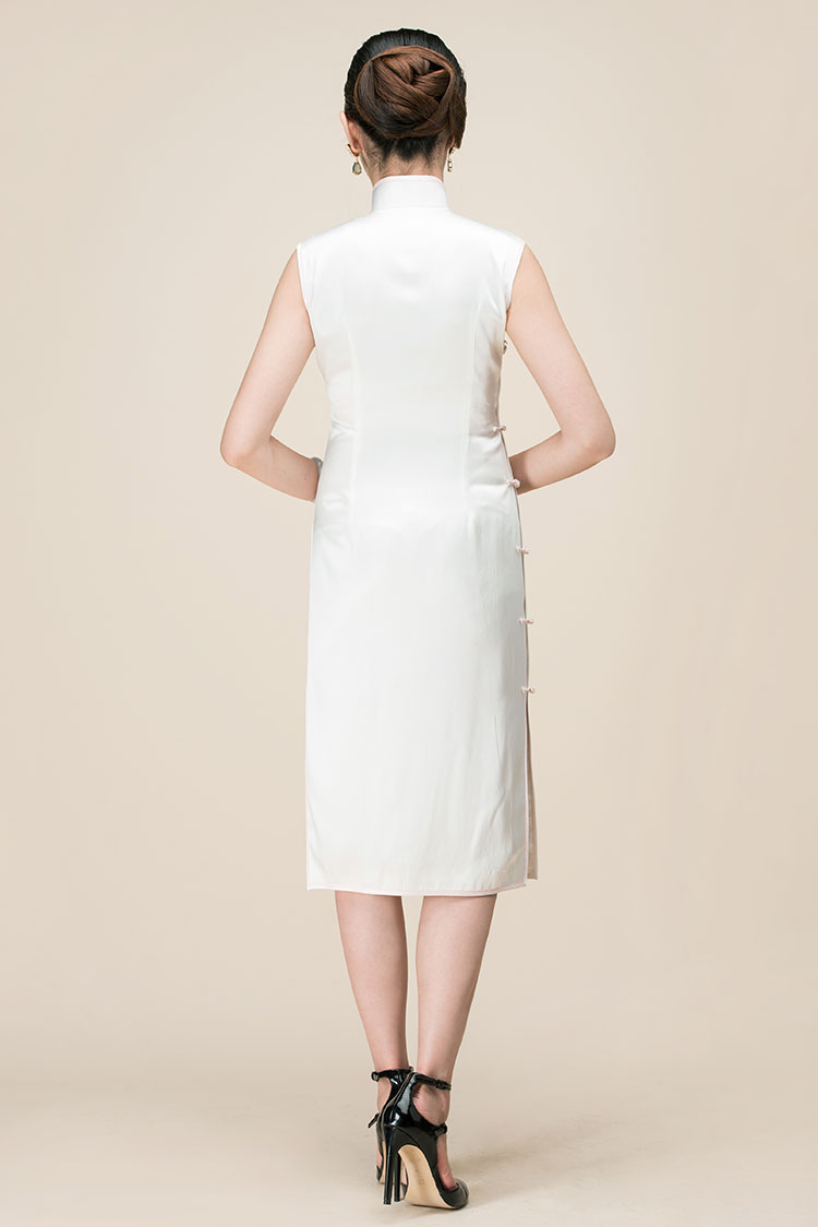 White silk with lotus embroidery qipao dress 