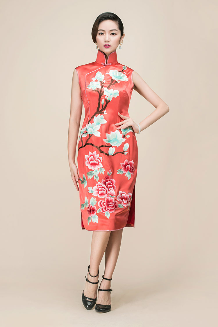 Watermelon red silk embroidered short qipao dress