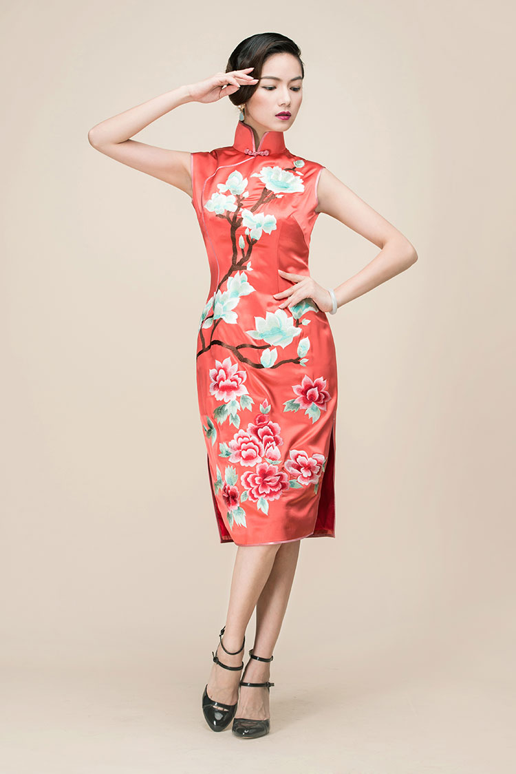 Watermelon red silk embroidered short qipao dress