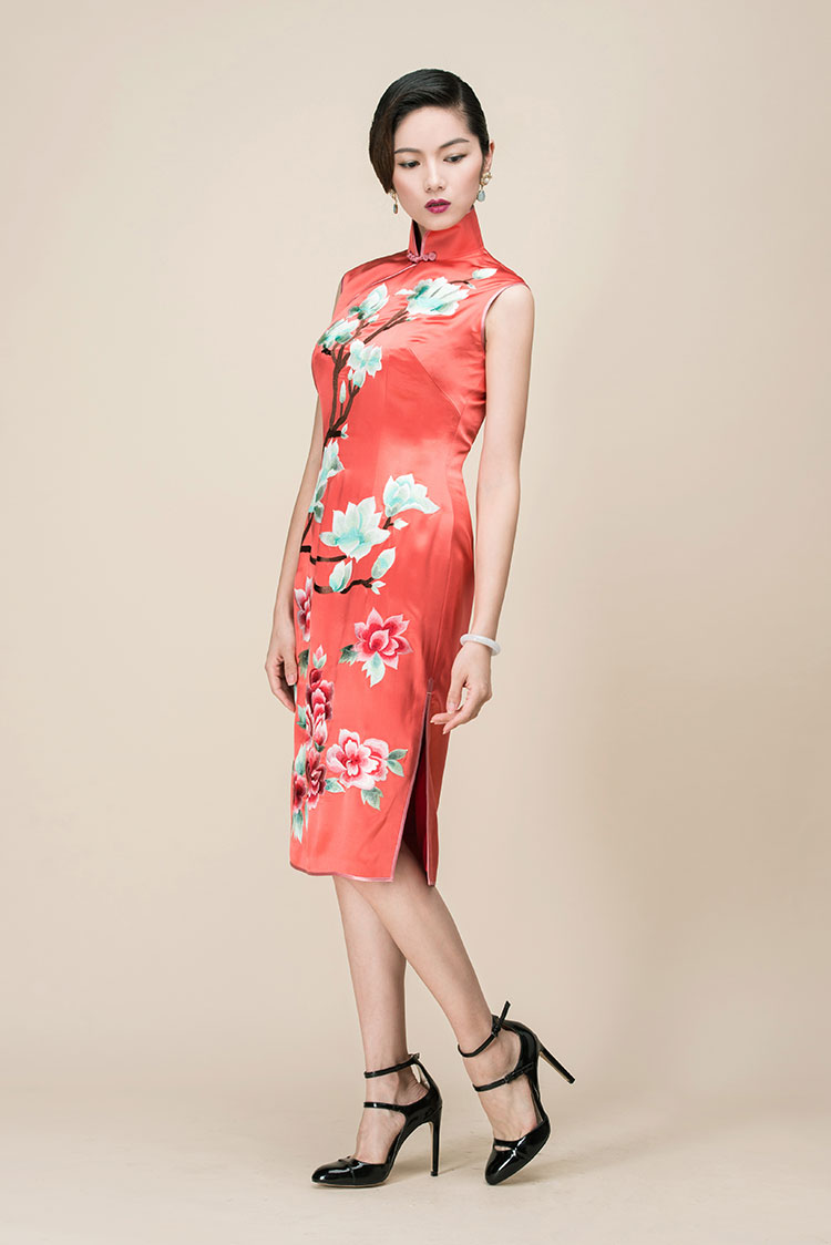 Watermelon red silk embroidered short qipao dress