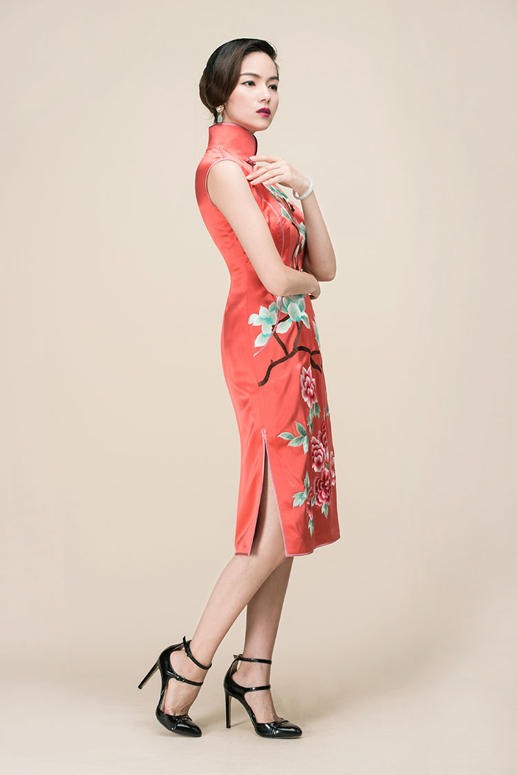 Watermelon red silk embroidered short qipao dress