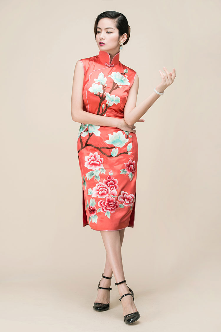 Watermelon red silk embroidered short qipao dress