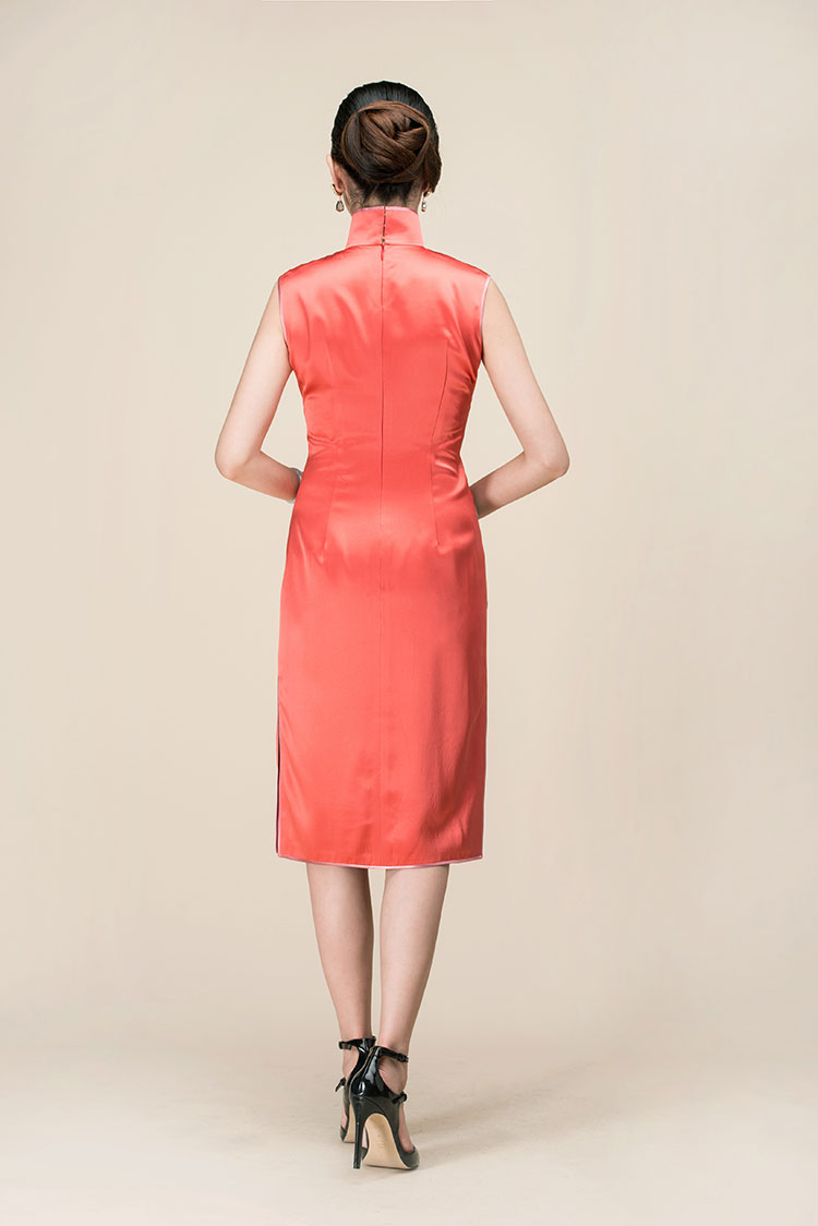 Watermelon red silk embroidered short qipao dress