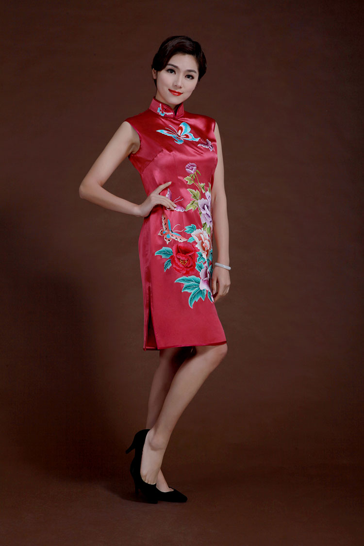 Watermelon red silk with embroidery qipao dress